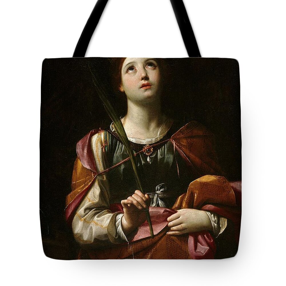 Guido Reni Tote Bag featuring the painting 'Saint Catherine', ca. 1606, Italian School, Oil on canvas, 98 cm x 75 cm, P00230. by Guido Reni -1575-1642-