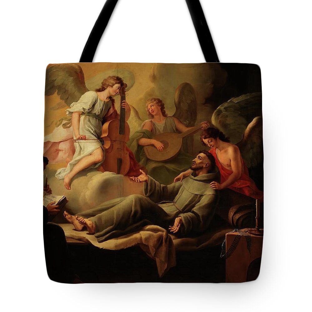 Francis Of Assisi Tote Bag featuring the painting 'Saint Francis Comforted by Angels'. 1788. Oil on canvas. by Jose Camaron Bonanat Jose Camaron