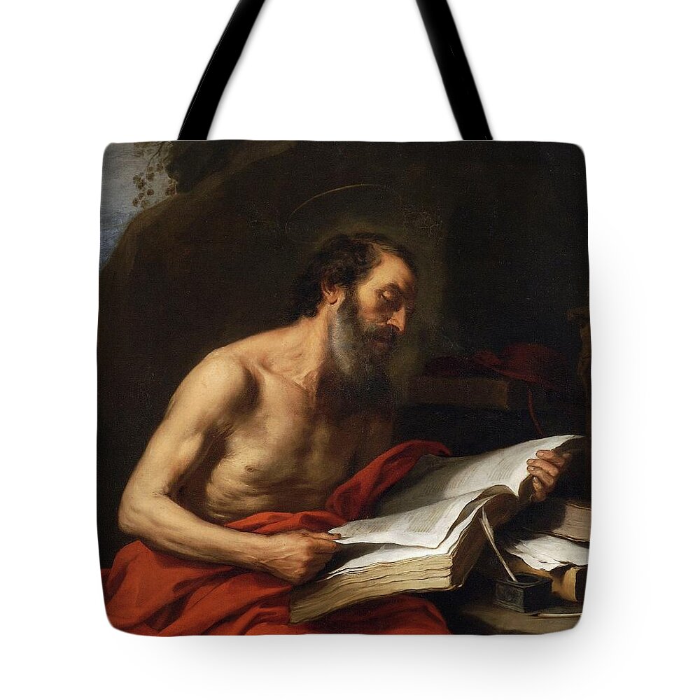 Bartolome Esteban Murillo Tote Bag featuring the painting 'Saint Jerome Reading', 1650-1652, Spanish School, Oil on canvas, 125... by Bartolome Esteban Murillo -1611-1682-