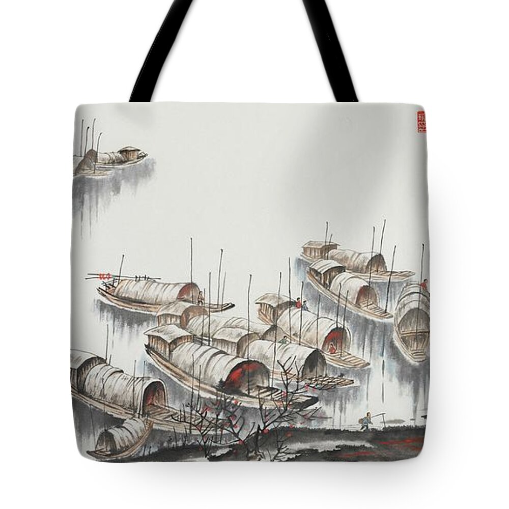 Chinese Watercolor Tote Bag featuring the painting Sampan Harbor by Jenny Sanders