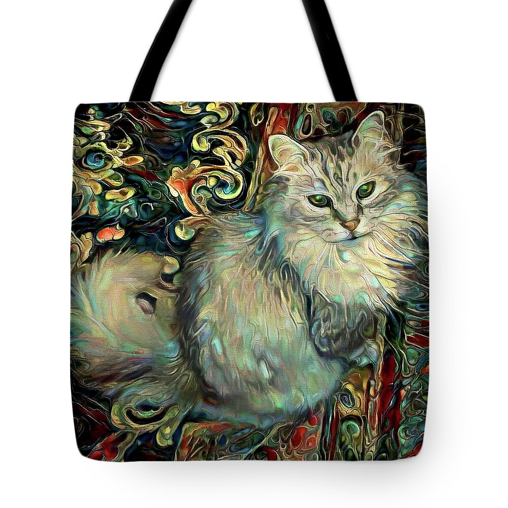 Maine Coon Cat Tote Bag featuring the digital art Samson the Silver Maine Coon Cat by Peggy Collins