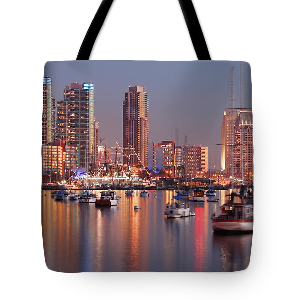 Clear Sky Tote Bag featuring the photograph San Diego Skyline And Harbour At Dusk by S. Greg Panosian