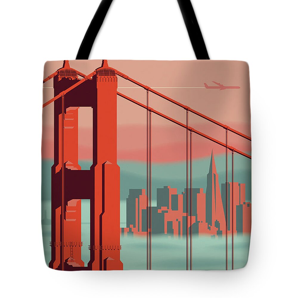Mid Century Modern Tote Bag featuring the digital art San Francisco Poster - Vintage Travel by Jim Zahniser