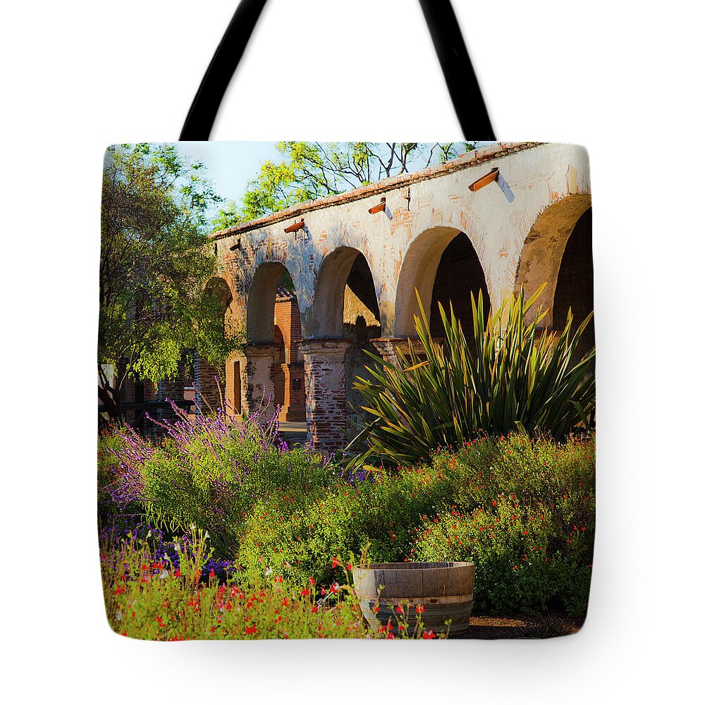 San Juan Capistrano Mission Arches Tote Bag featuring the photograph San Juan Capistrano California Mission Arches by Catherine Walters