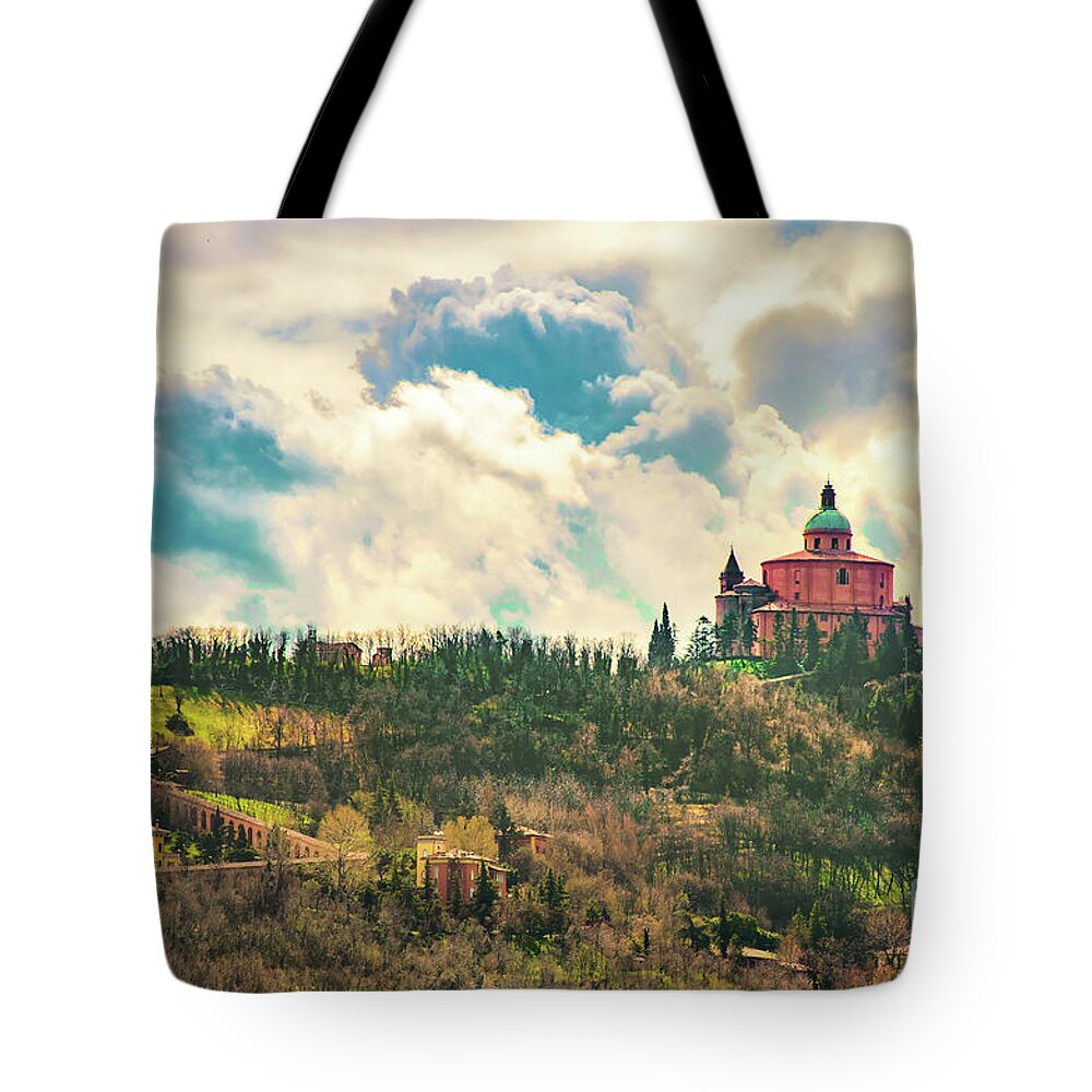 San Luca Tote Bag featuring the photograph San Luca basilica in Bologna hills with the long porch archway - Italy by Luca Lorenzelli
