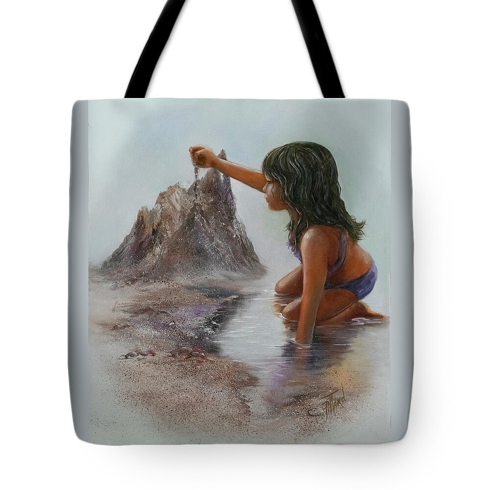 Girl Playing With Sand Tote Bag featuring the painting Sand Dreams I by Lynne Pittard