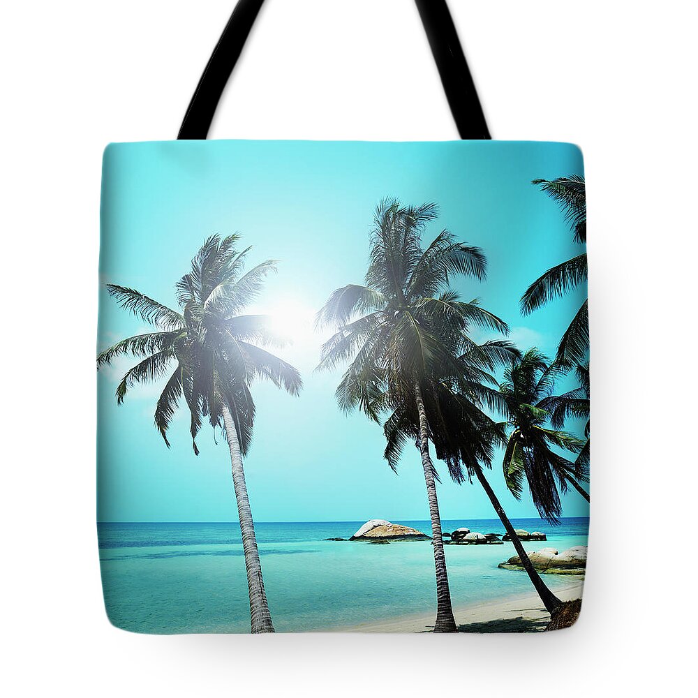 Sandy Beach With Palm Trees And Small Tote Bag