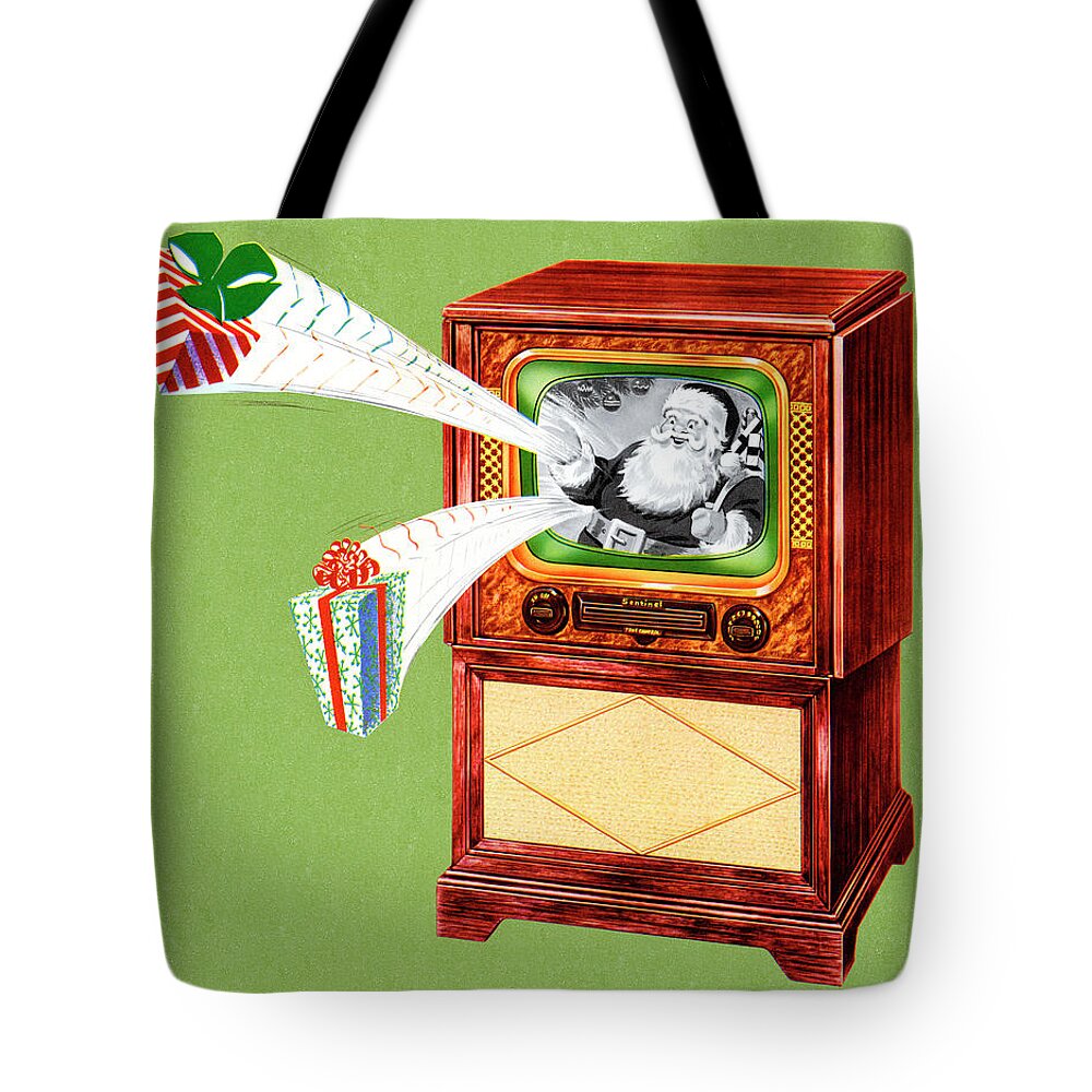 Broadcast Tote Bag featuring the drawing Santa Claus on TV by CSA Images