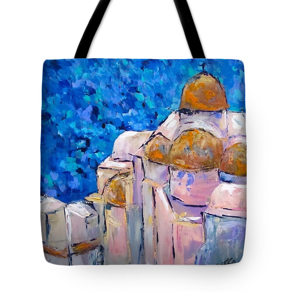 Sea Tote Bag featuring the painting Santorini by Barbara O'Toole
