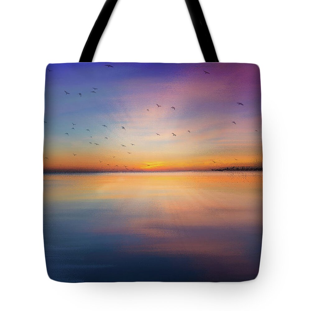 Seascape Tote Bag featuring the mixed media Sapphire Sunset by Colleen Taylor