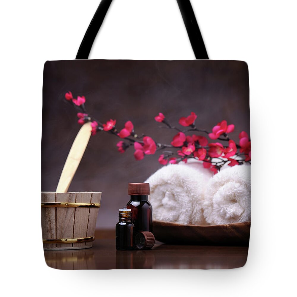 Spa Tote Bag featuring the photograph Sauna Equipment With Steam by Moncherie