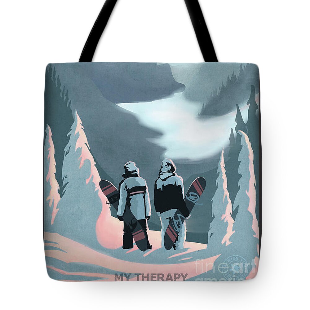 Snowboarder Tote Bag featuring the painting Scenic Vista Snowboarders by Sassan Filsoof