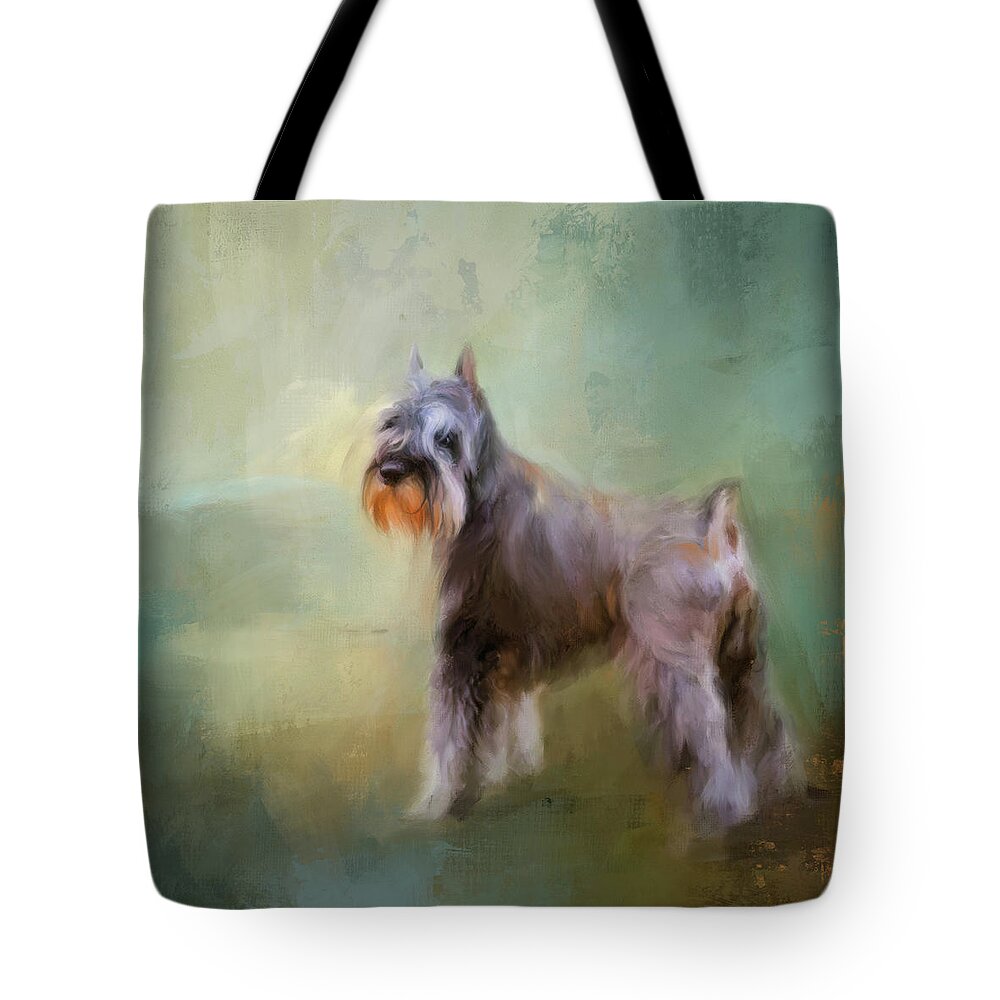 Colorful Tote Bag featuring the painting Schnauzer On Patrol by Jai Johnson