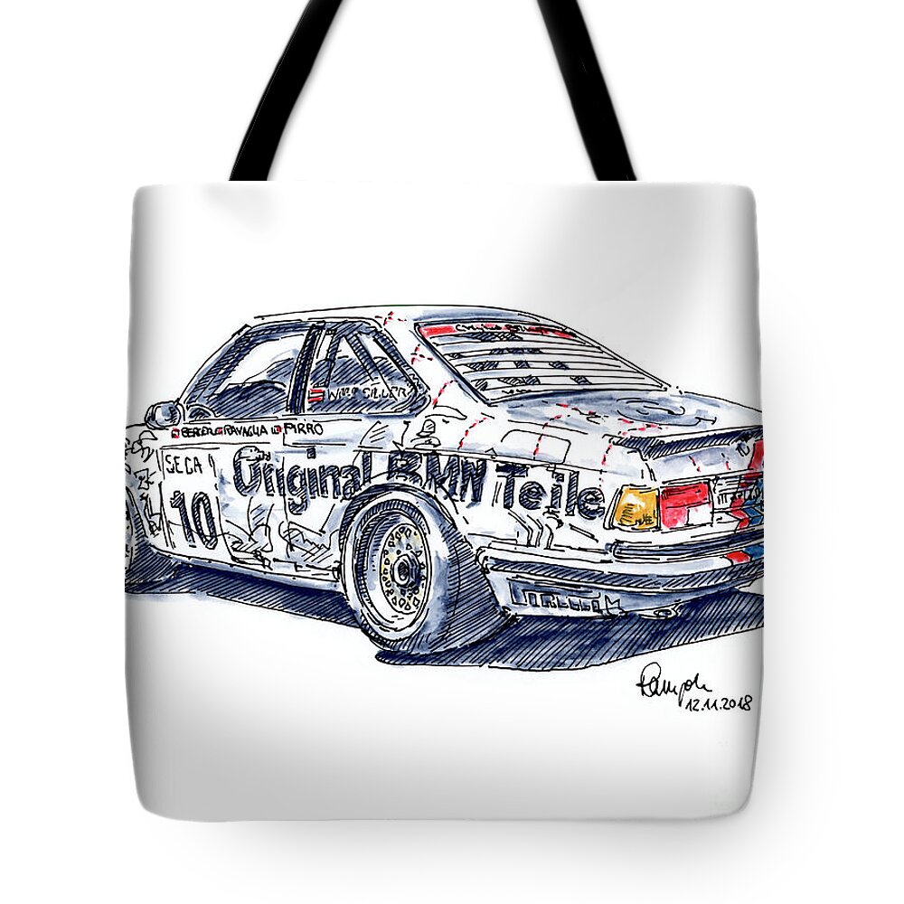 Bmw Tote Bag featuring the drawing Schnitzer BMW 635 CSi Racecar Ink Drawing and Watercolor by Frank Ramspott
