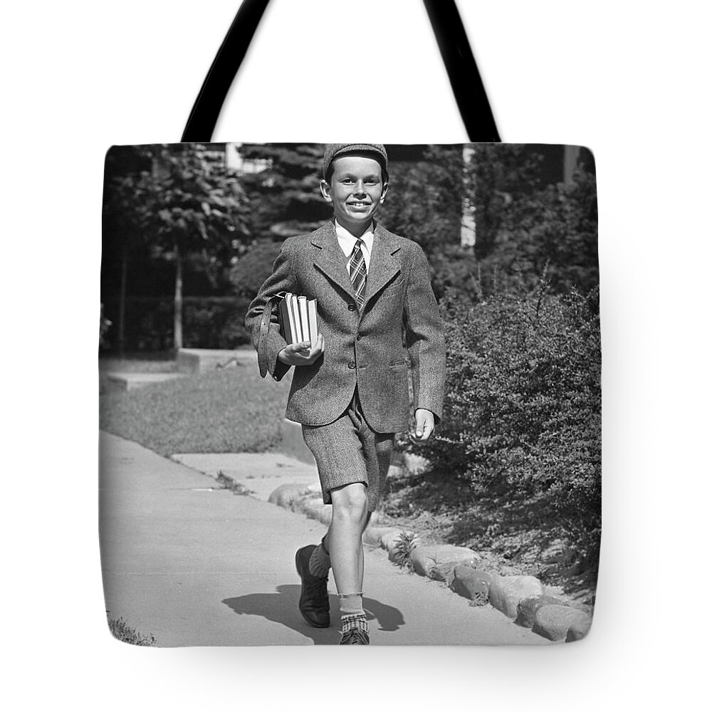 Education Tote Bag featuring the photograph Schoolboy On Sidewalk by George Marks