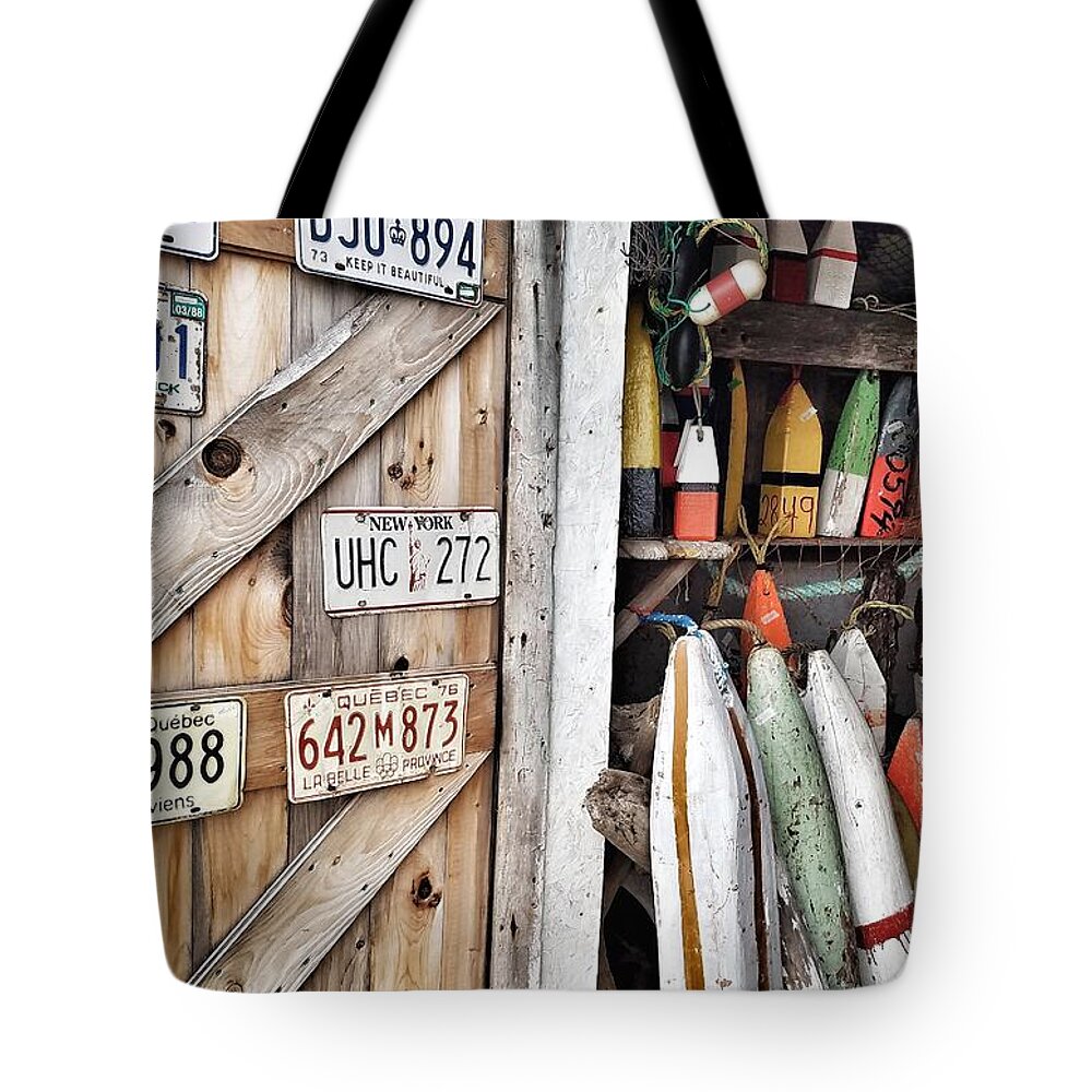 License Plates Tote Bag featuring the photograph Sea Shack Plates And Buoys by Mary Capriole