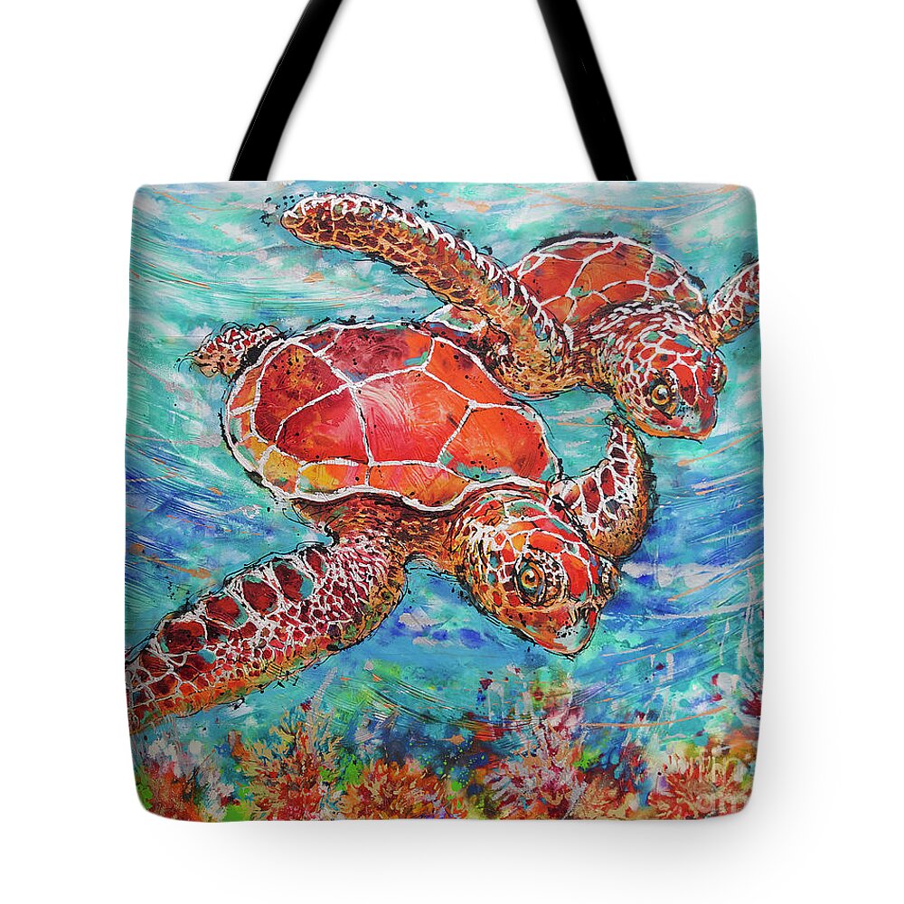 Marine Turtles Tote Bag featuring the painting Sea Turtles on Coral Reef by Jyotika Shroff