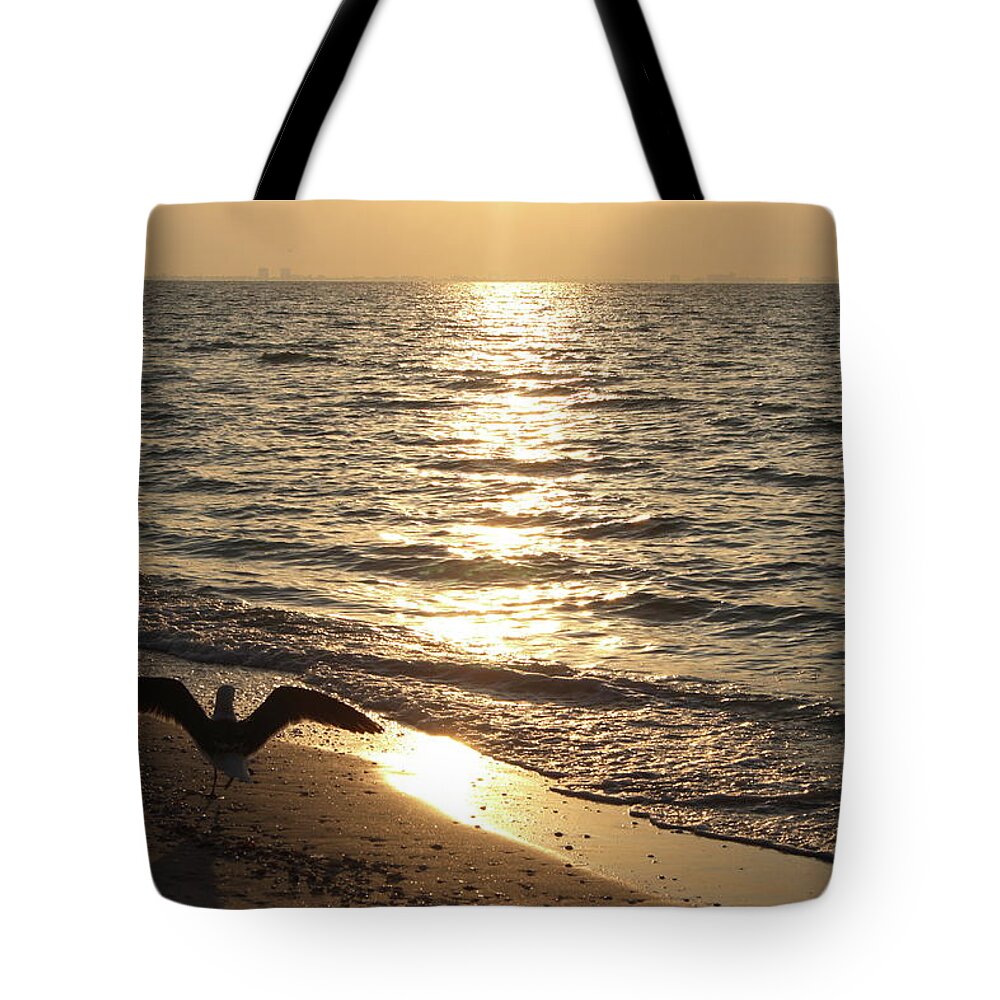 Water's Edge Tote Bag featuring the photograph Seagull Beach Sunrise by Hiramtom