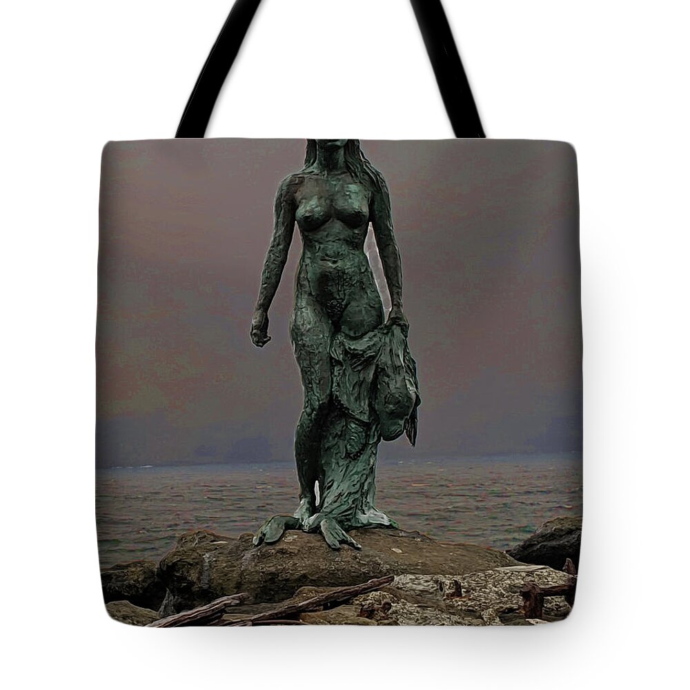 Statue Tote Bag featuring the photograph Seal Woman Statue by Imagery-at- Work