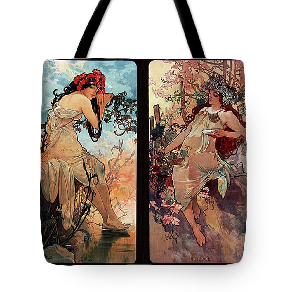 Seasons Tote Bag featuring the painting Seasons by Alphonse Mucha by Rolando Burbon