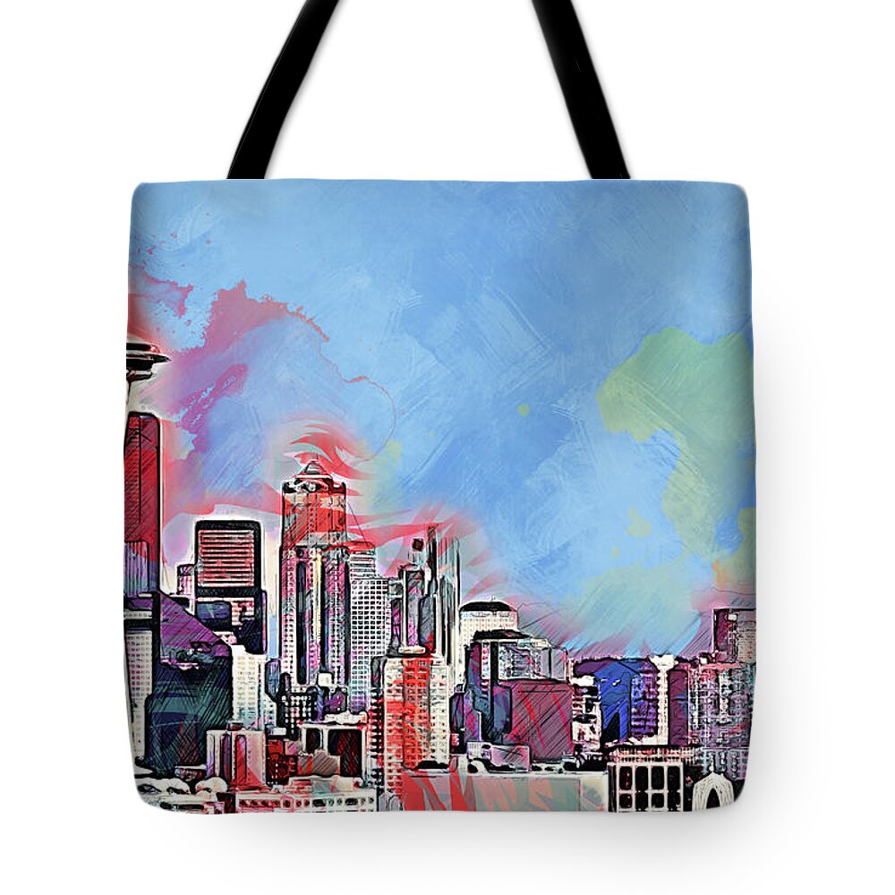 Seattle Tote Bag featuring the painting Seattle Skyline - 03 by AM FineArtPrints