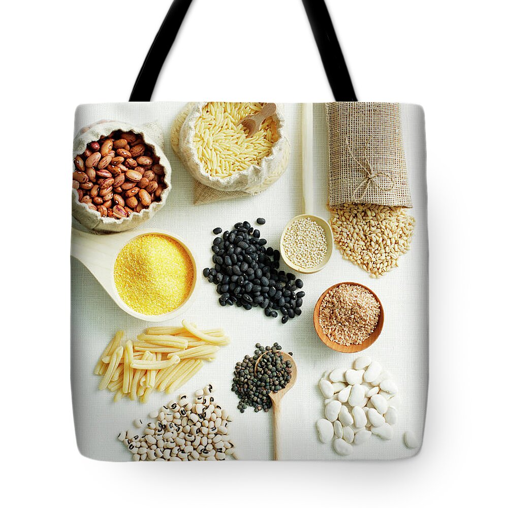 Borlotto Bean Tote Bag featuring the photograph Selection Of Beans And Pulses by Brett Stevens