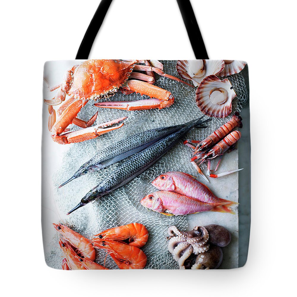 Prawn Tote Bag featuring the photograph Selection Of Fresh Seafood by Brett Stevens