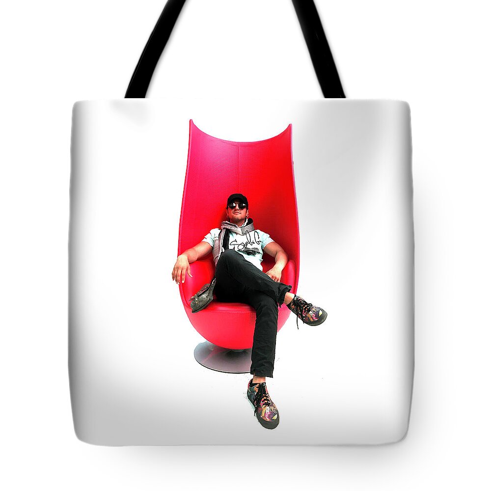 Artist Chair Red Glasses Cool La Hollywood Beverly Hills Man Guy Dude Male Masculine Art Scarf Simple Simplistic Minimal Famous Actor Star Tote Bag featuring the digital art Sergio in Beverly Hills by Jamie Looney