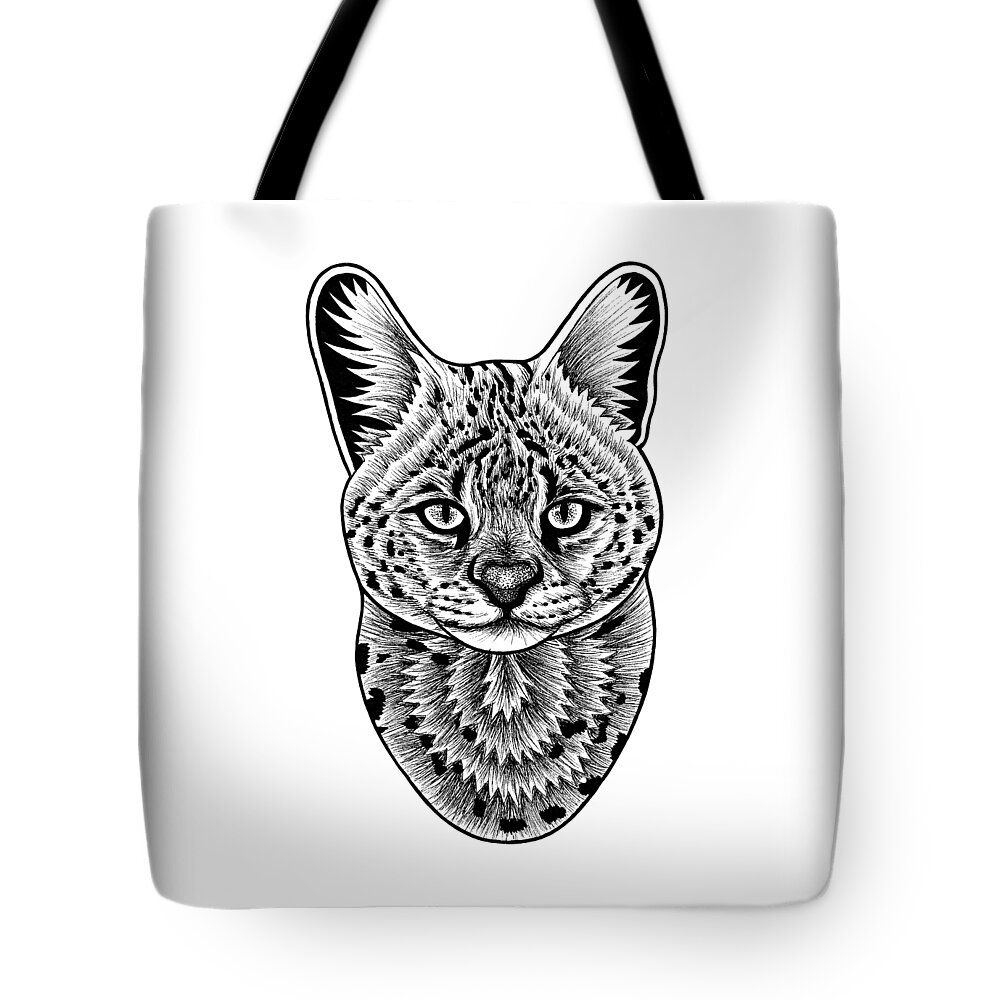Serval Tote Bag featuring the drawing Serval cat - in illustration by Loren Dowding