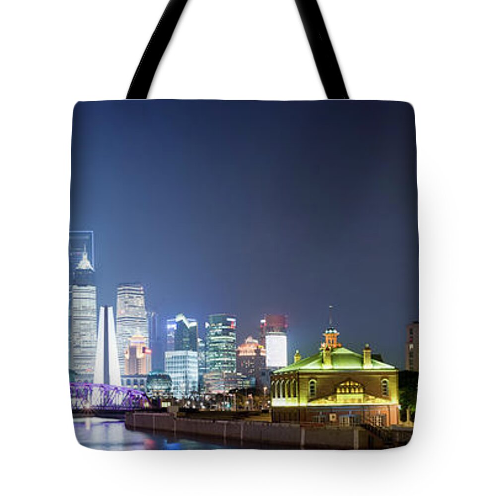 Chinese Culture Tote Bag featuring the photograph Shanghai City Skyline In China by Deejpilot
