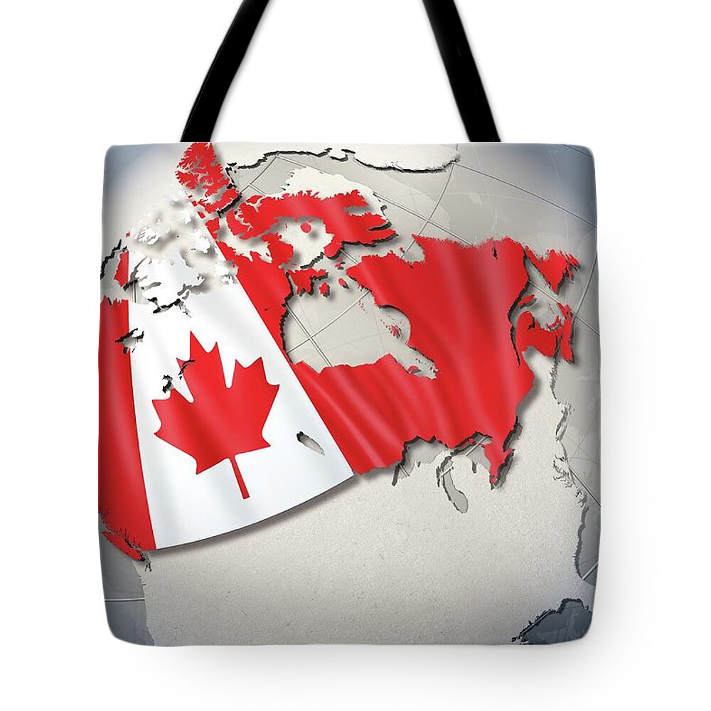 Globe Tote Bag featuring the digital art Shape And Ensign Of Canada On A Globe by Dieter Spannknebel
