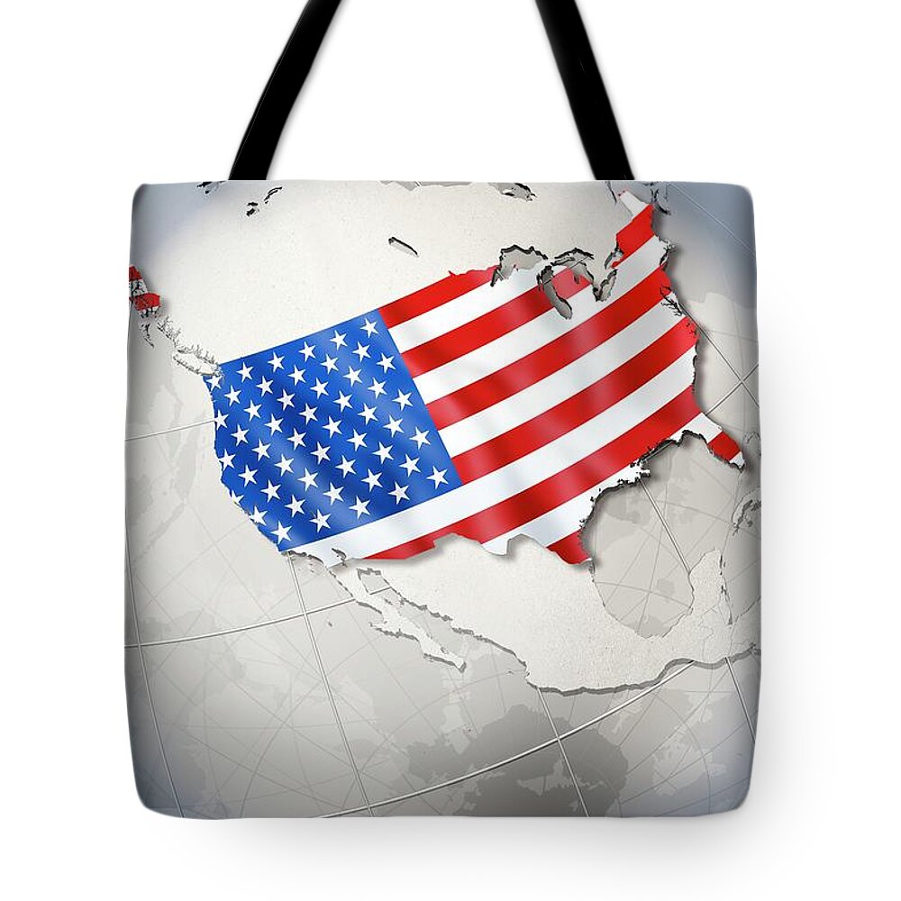 Globe Tote Bag featuring the digital art Shape And Ensign Of The Usa On A Globe by Dieter Spannknebel