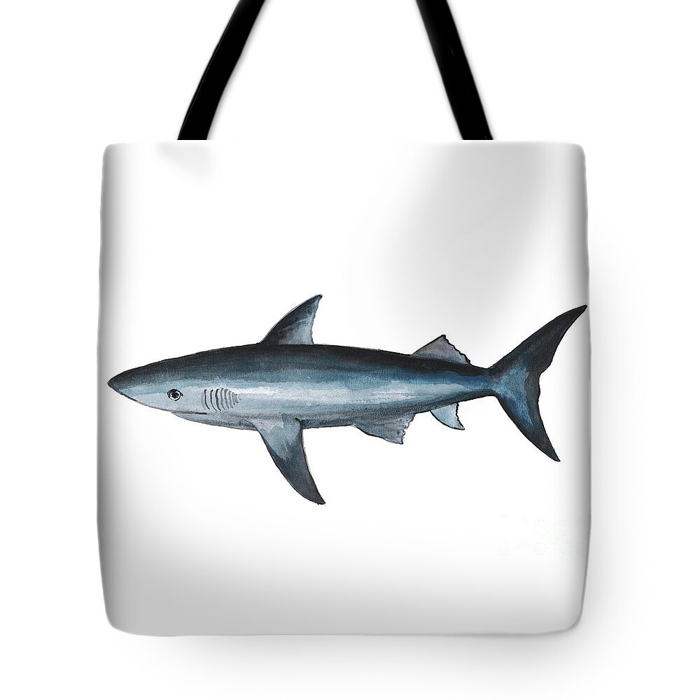 Shark Tote Bag featuring the painting Shark Navy Blue Watercolor Poster Colorful Modern Wall Decor Illustration by Joanna Szmerdt