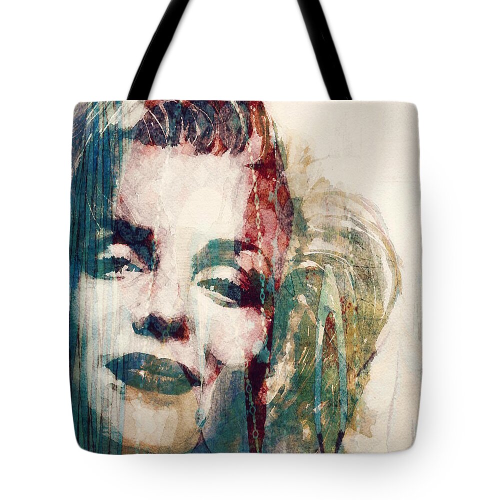 Marilyn Monroe Tote Bag featuring the mixed media She's Always A Women To Me by Paul Lovering
