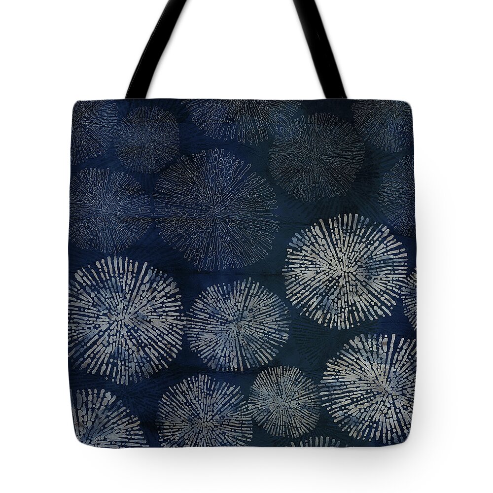 Japan Tote Bag featuring the digital art Shibori Sea Urchin Burst Pattern Dark Denim by Sand And Chi