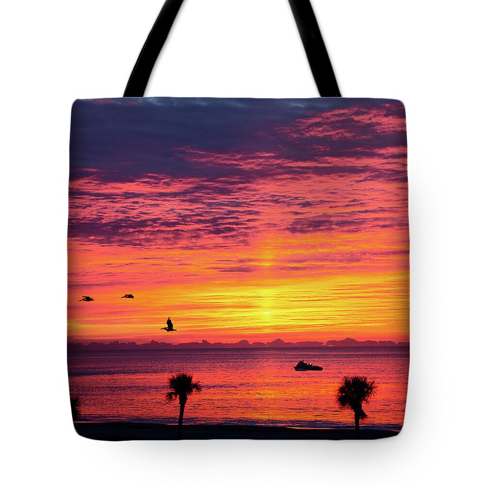 Background Tote Bag featuring the photograph Ship Into Sunrise by Darryl Brooks