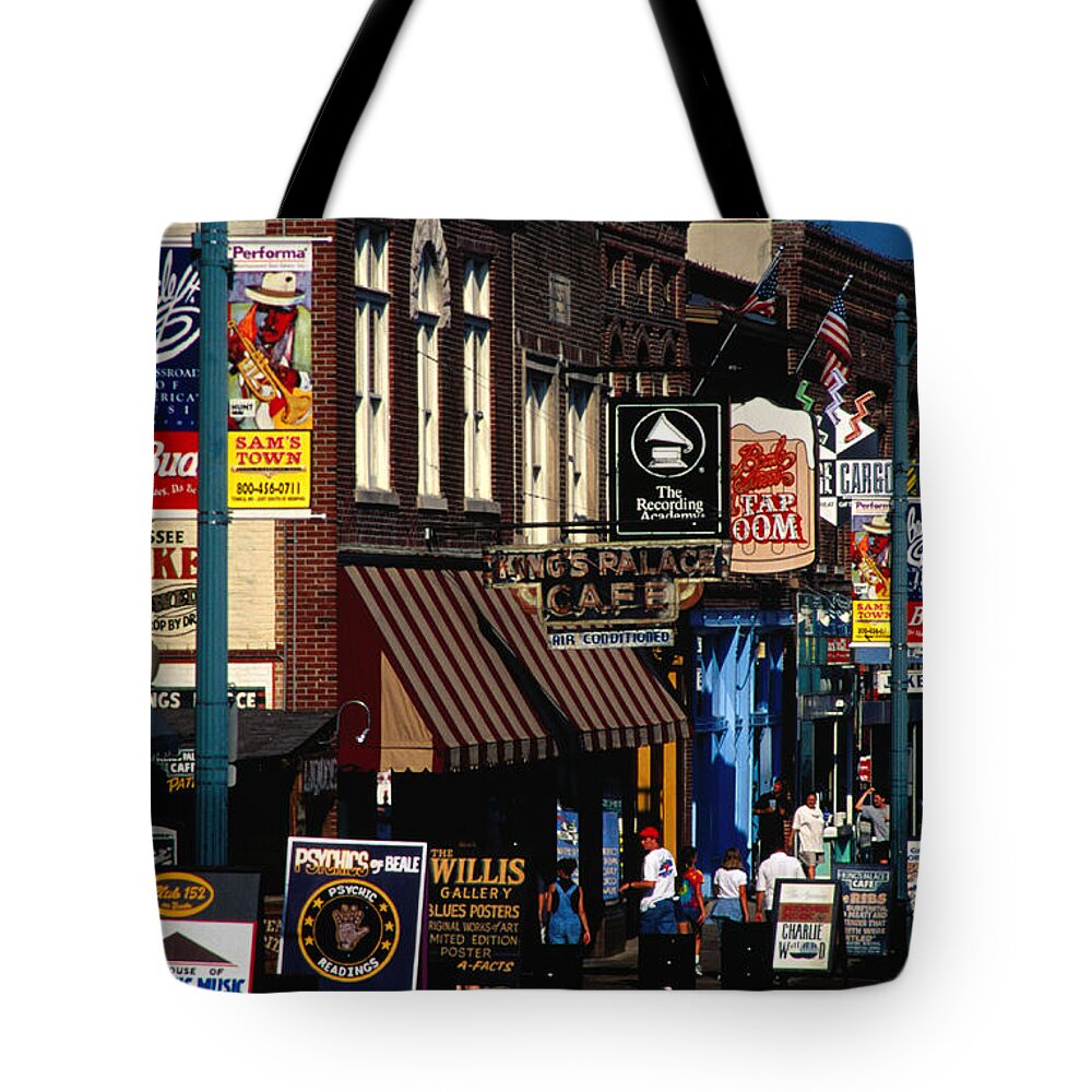 Travel14 Tote Bag featuring the photograph Shops On Beale Street, Memphis, United by Richard I'anson