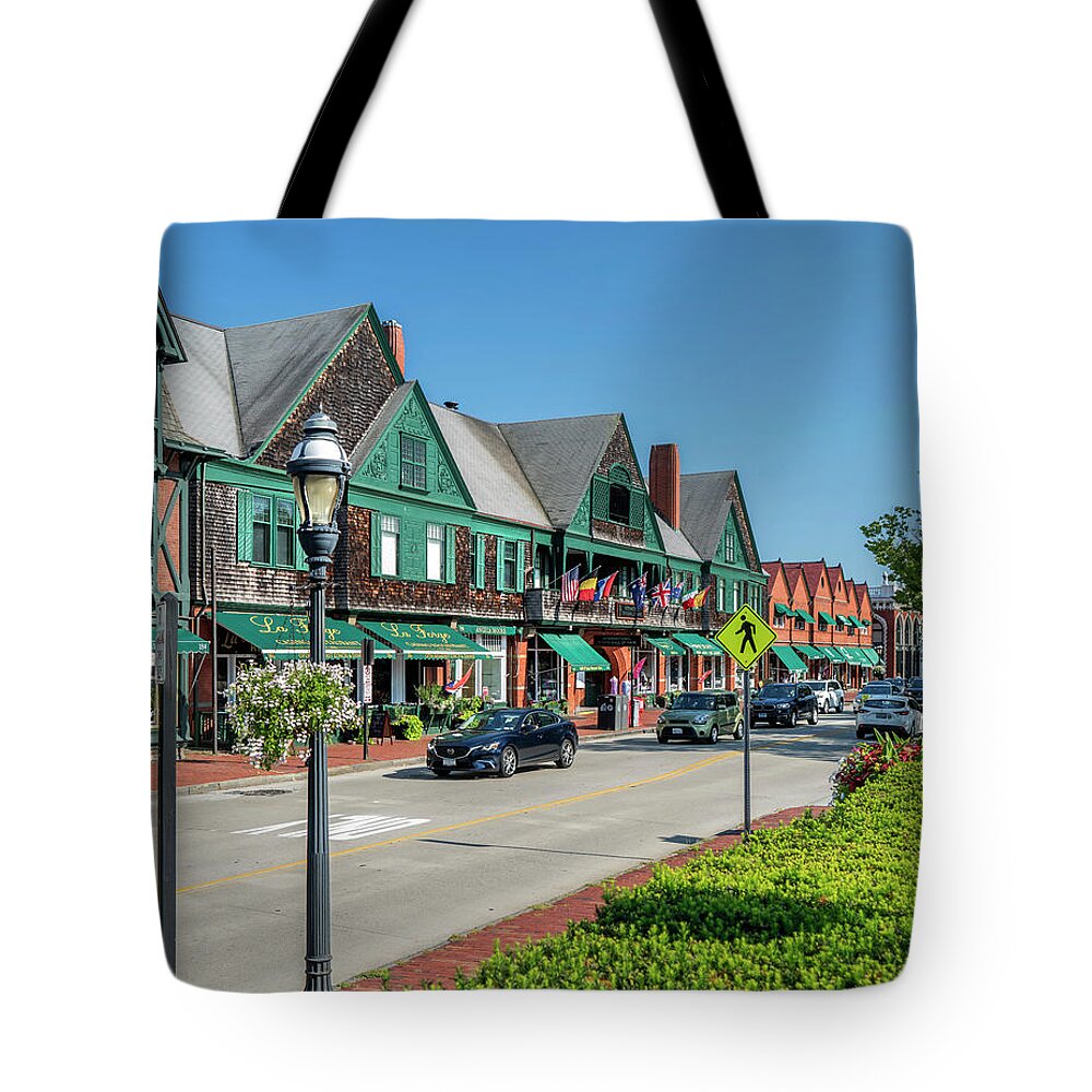 Estock Tote Bag featuring the digital art Shops On Bellevue Ave, Newport Ri by Laura Zeid
