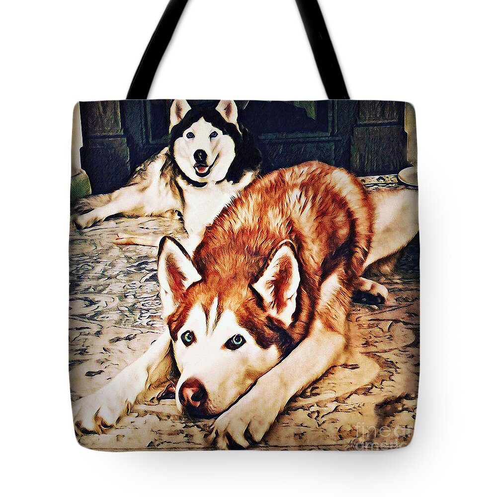 Siberian Tote Bag featuring the photograph Siberian Huskies at Rest A22119 by Mas Art Studio