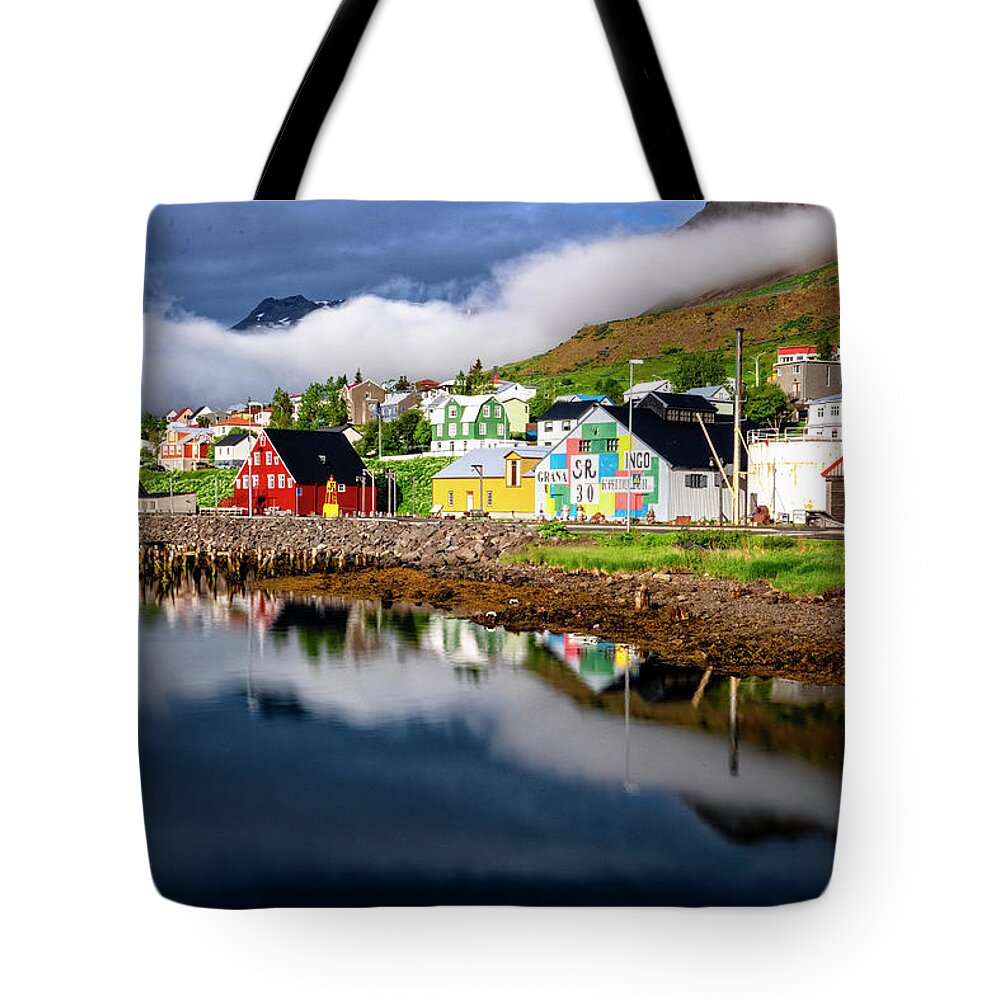 Iceland Tote Bag featuring the photograph Siglufjorour Harbor Houses by Tom Singleton