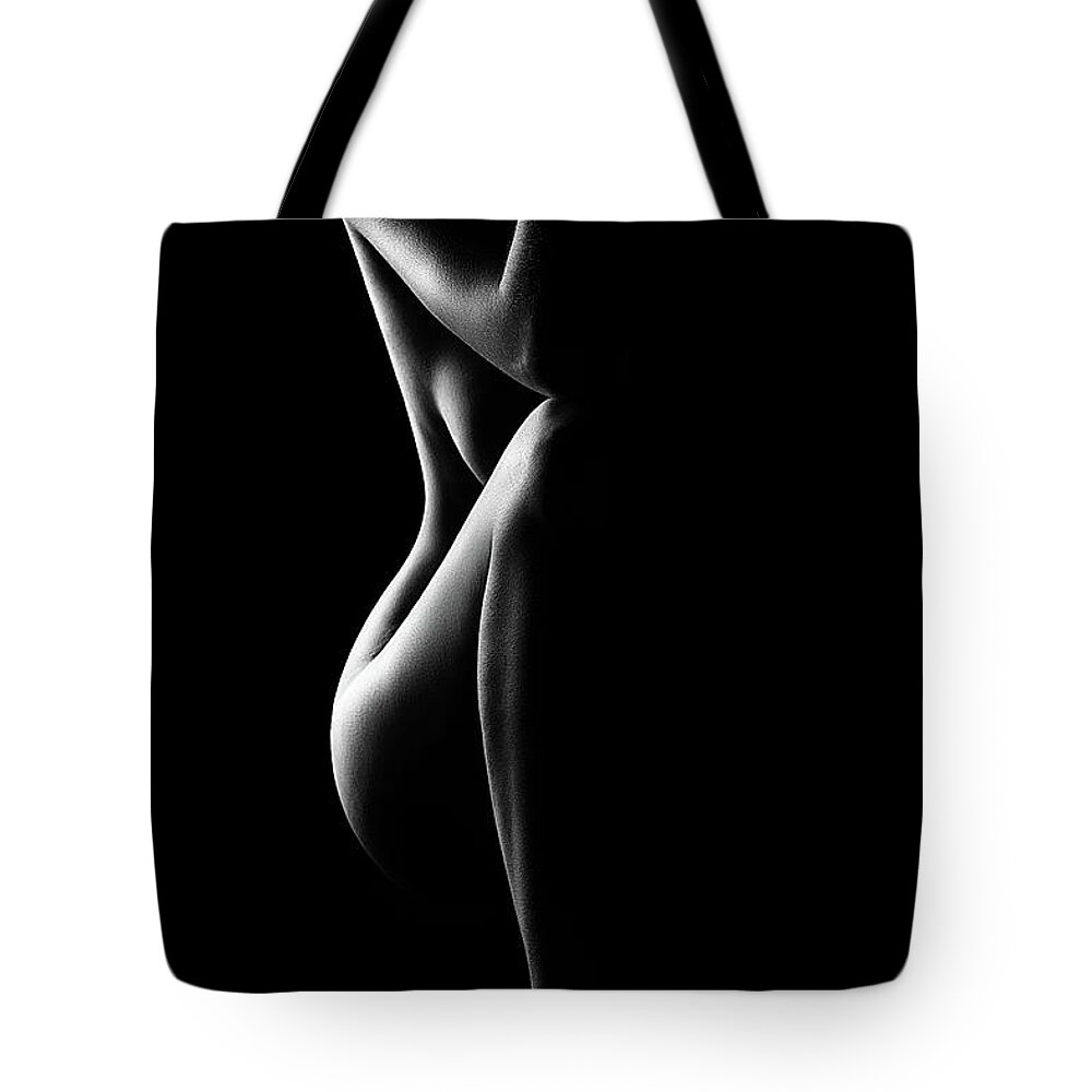 Nude Tote Bag featuring the photograph Silhouette of nude woman in BW by Johan Swanepoel