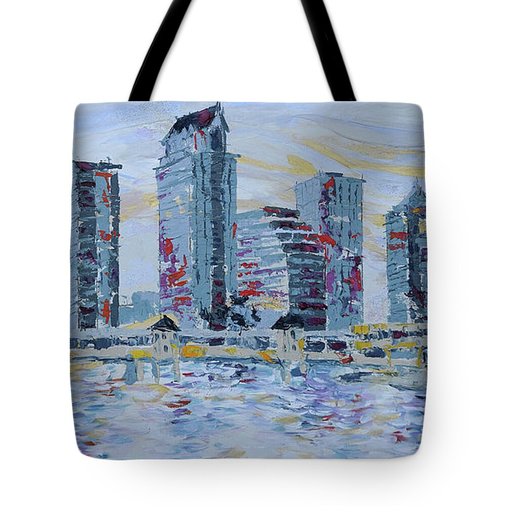 Tampa Skyline Tote Bag featuring the painting Silvery Tampa Skyline by Jyotika Shroff