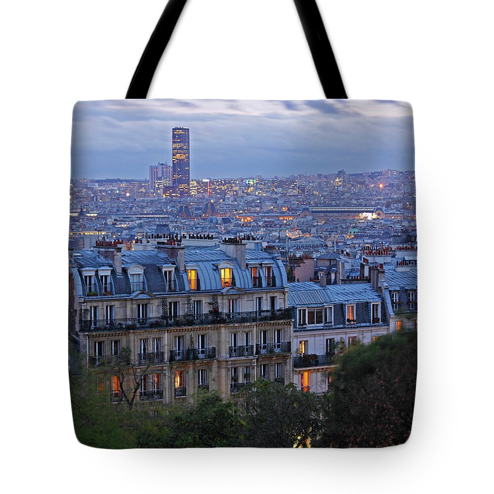 Scenics Tote Bag featuring the photograph Skyline Of Paris At Dusk Seen From by Trish Punch / Design Pics