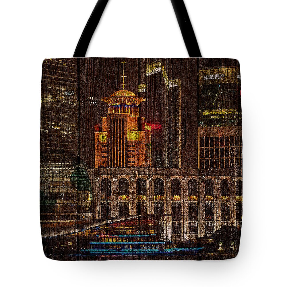 Shanghai Tote Bag featuring the mixed media Skyline of Shanghai, China on Wood by Alex Mir