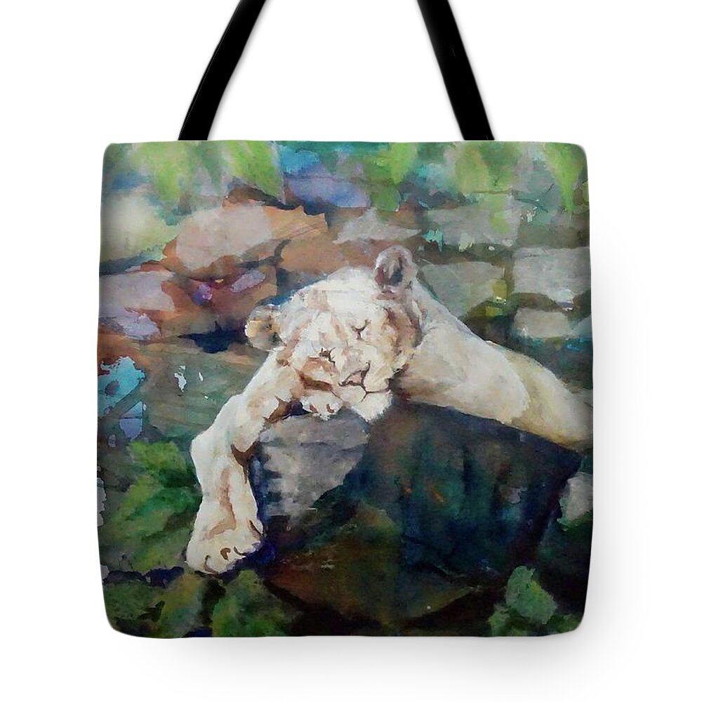 Zoo Animals Tote Bag featuring the mixed media Sleeping Lioness by Genie Morgan
