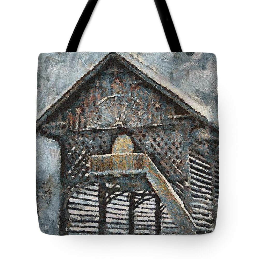 Hayrack Tote Bag featuring the painting Slovenian Hayrack in Winter by Dragica Micki Fortuna