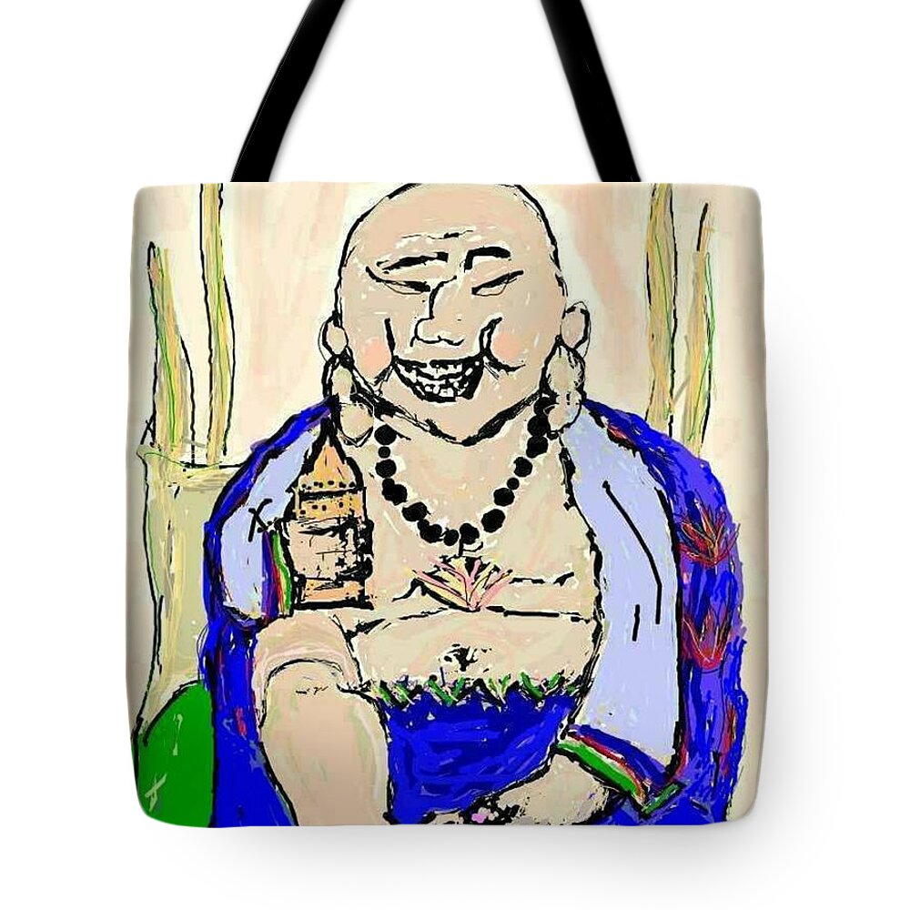 Buddha Tote Bag featuring the drawing Smiling Buddha Playing With Toes by Kathy Barney