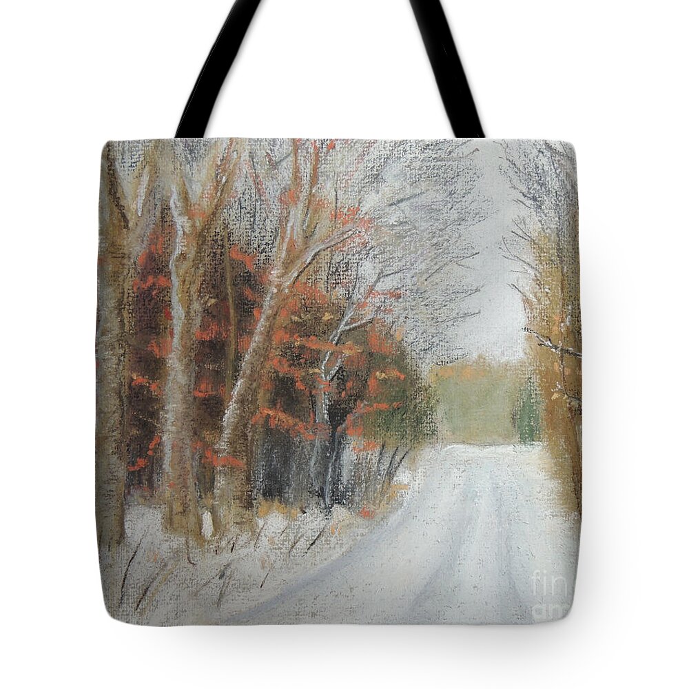 Winter Tote Bag featuring the pastel Snow on Bannockburn Rd by Jayne Wilson