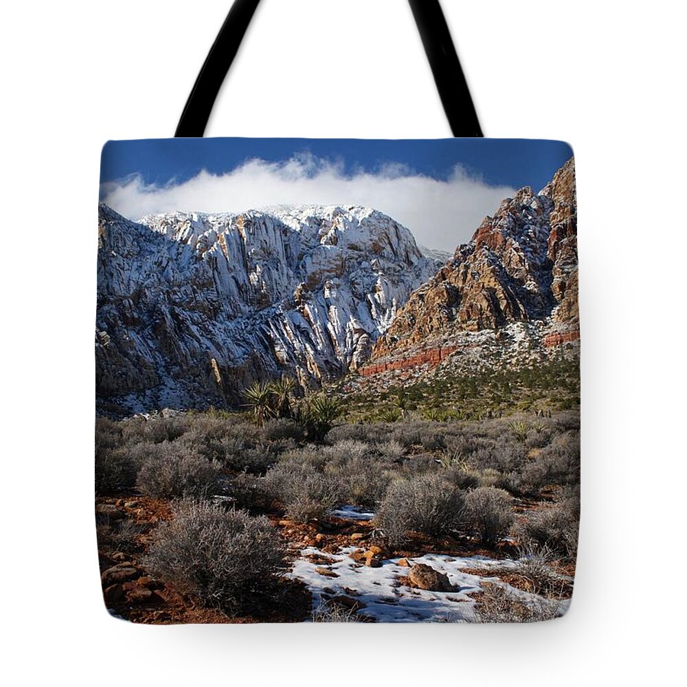 Red Rock Canyon National Conservation Area Tote Bag featuring the photograph Snowcapped Mountains And Desert by Photography By R. L. Pniewski