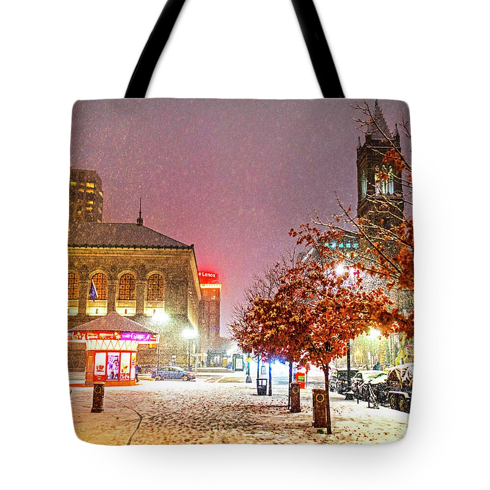 Boston Tote Bag featuring the photograph Snowfall in the City Boylston Street Boston MA by Toby McGuire
